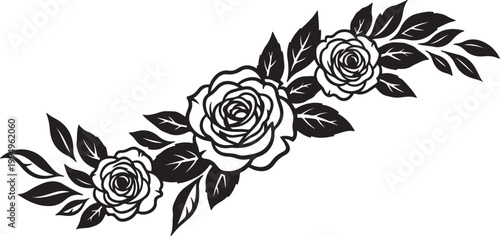 Elegant black silhouette of three blooming roses with leaves, creating a decorative floral border or accent for design projects.