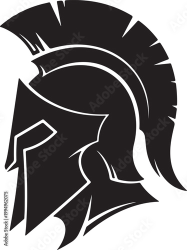 Iconic black silhouette of a Spartan helmet, representing ancient Greece, warfare, strength, discipline, and historical battles, isolated on a white background.