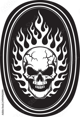 Intense black and white silhouette of a cracked skull engulfed in flames within an oval frame, evoking themes of danger, rebellion, and mortality.