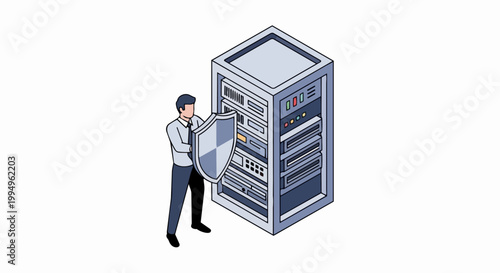 Cyber Security and Data Protection Concept: Professional IT Specialist Guarding Server Rack with a Shield