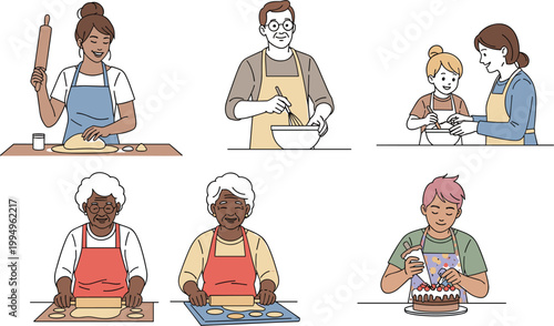 Set of diverse people baking including grandmother rolling dough father whisking mother teaching daughter and young baker decorating cake for family lifestyle and culinary concepts.