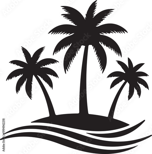 Silhouette of a tropical island with three palm trees swaying gently on a small landmass surrounded by wavy water, evoking vacation and paradise.