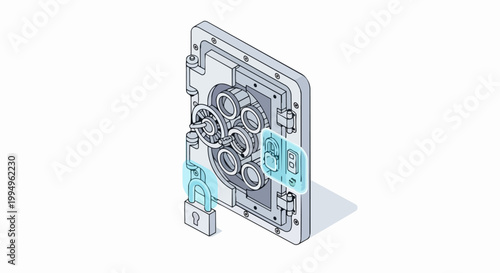 Isometric Bank Vault Door Illustration with Digital Security Lock Symbols for Cyber Security and Data Protection Concept