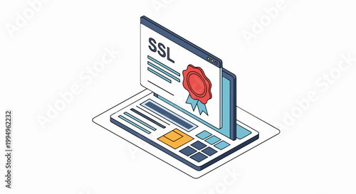 Isometric Illustration of a Laptop Displaying an SSL Security Certificate for Website Encryption and Data Privacy