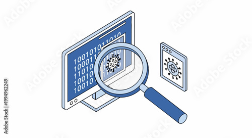 Cybersecurity Isometric Illustration showing Computer Virus Scanning and Malware Detection using a Magnifying Glass