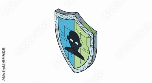 Isometric Cybersecurity Shield Icon with Digital Circuit Pattern and Human Silhouette - Data Privacy and Network Security Concept