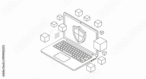 Isometric Line Art Illustration of Cybersecurity and Blockchain Technology with Laptop Shield and Data Blocks