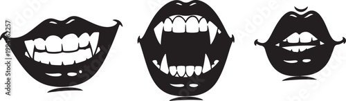 Collection of three black silhouette lips with sharp fangs, representing vampires, Halloween, horror, or a mysterious, seductive persona.