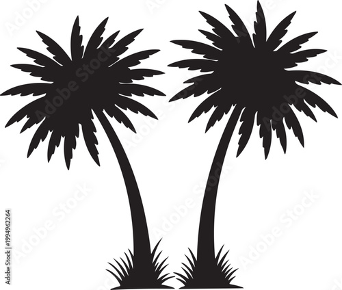 Two black silhouette palm trees with green grass at the base, isolated on a white background, representing tropical destinations and summer vacations.