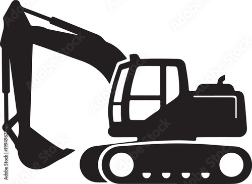 Black silhouette of an excavator construction machine with a large bucket and tracks, isolated on a white background, symbolizing industry and heavy machinery.
