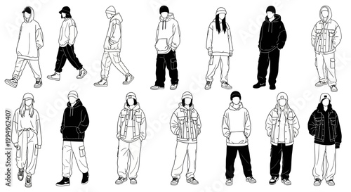 Diverse young people in casual street style clothing walking and standing, representing urban fashion, isolated white background.