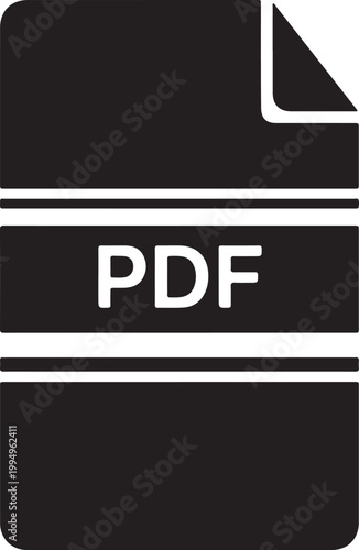 Black silhouette icon representing a PDF document file, symbolizing digital information, data storage, and document sharing.