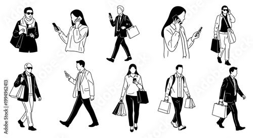 Diverse people walking, standing, and interacting with smartphones, representing urban daily life, isolated white background.