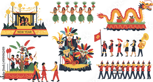 Set of global celebration icons and parade floats featuring Chinese New Year dragon Mardi Gras masks Hawaiian hula dancers and marching band for festive event design.