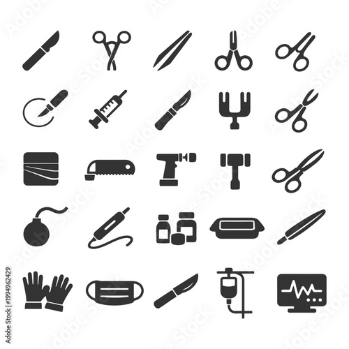 Medical tools and equipment icons set featuring surgical instruments and healthcare items.