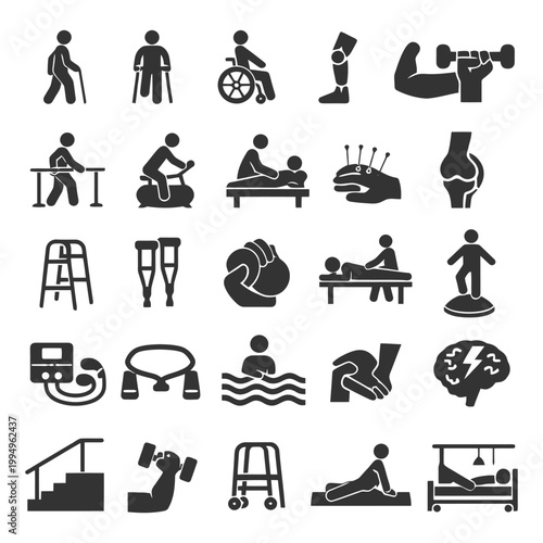 Rehabilitation and physical therapy icons set.
