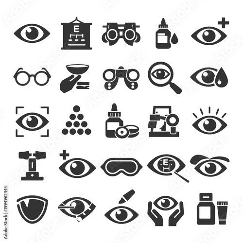 Eye care symbols: exam, glasses, drops and vision tools icons set.