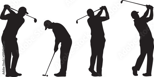 Silhouettes of golfers in various stages of swinging a club on a white background, representing the sport and athletic movement.