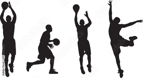 Dynamic black silhouettes of basketball players in action, capturing dribbling, shooting, and jumping poses against a clean white background for sports concepts.