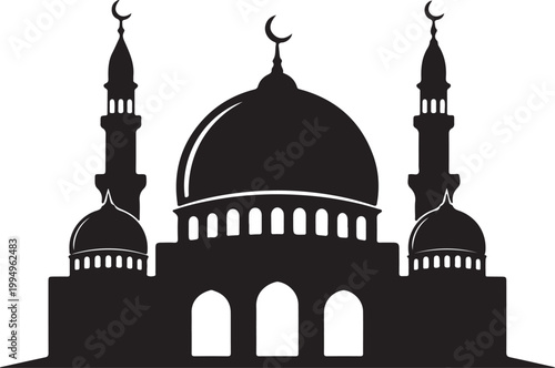 Silhouette of a mosque with dome and minarets, representing Islamic architecture and religious worship, isolated on white background.
