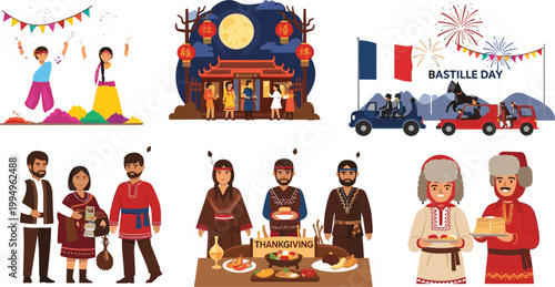 Set of global cultural celebrations featuring Indian Holi festival French Bastille Day Chinese Mid-Autumn festival American Thanksgiving and traditional folk characters for world heritage themes.