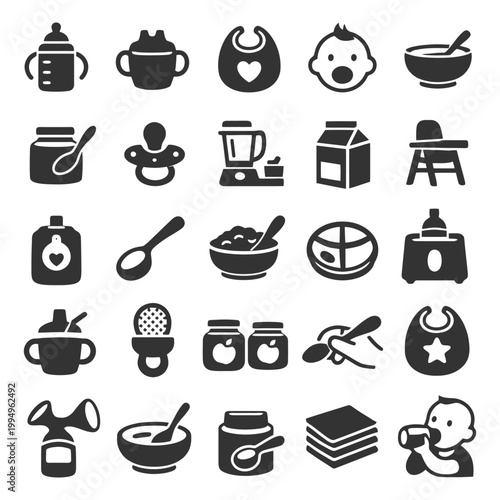 Icons of baby feeding essentials including bottles, bibs, pacifiers, spoons, and high chair.