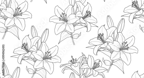 Tableau sur toile Black and White Line Art Illustration of Lily Flowers in a Seamless Pattern for