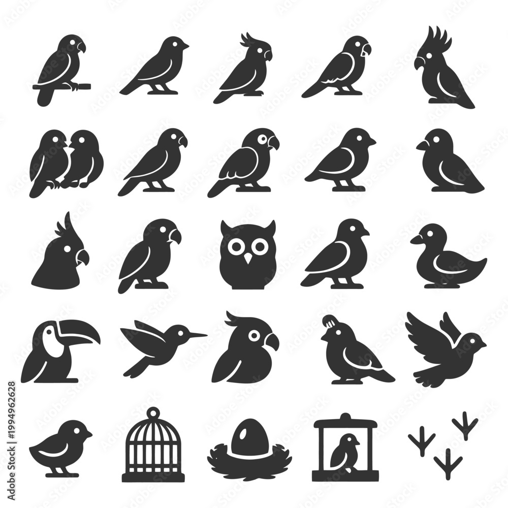 Fototapeta premium Collection of bird silhouettes featuring parrots, owls, and more.