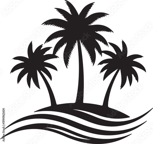 Tropical island with three palm trees and wavy water, a silhouette representing vacation, travel, and exotic destinations.