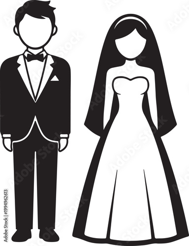 Elegant black and white silhouette of a bride in a wedding dress and groom in a tuxedo, symbolizing marriage, love, and commitment for graphic design.