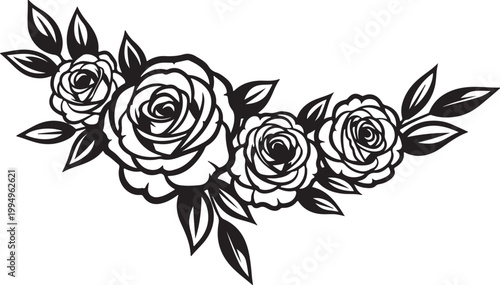 Elegant curved arrangement of blooming roses and leaves, a black silhouette symbolizing beauty, love, and floral decoration.