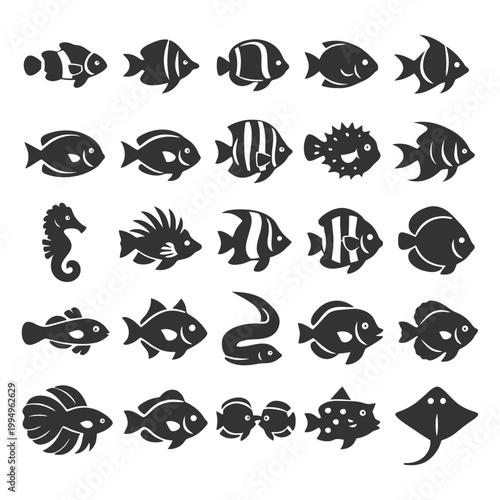 Silhouette collection of diverse ocean fish and marine creatures.