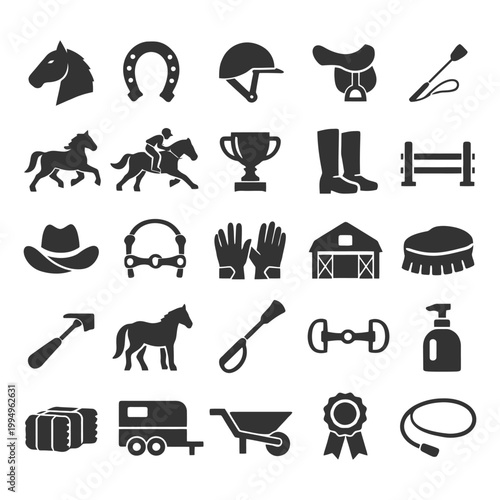 Equestrian equipment icons set featuring horse saddle and rider gear.