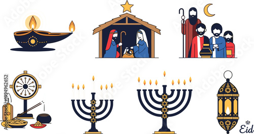 Set of global religious holiday icons including Diwali diya Nativity scene Hanukkah menorah Ramadan lantern and Buddhist prayer elements for interfaith diversity and cultural celebration.