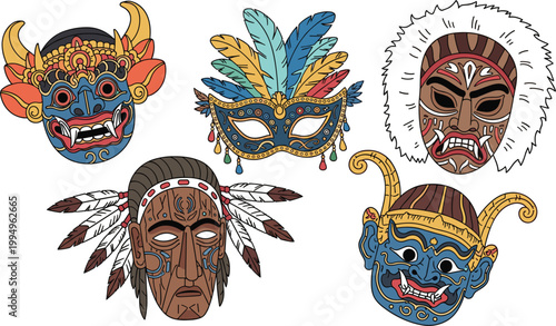 Set of diverse cultural masks including Balinese Barong fierce demon warrior tribal chieftain with feathers and ornate Venetian carnival masquerade for traditional and ethnic festive designs.