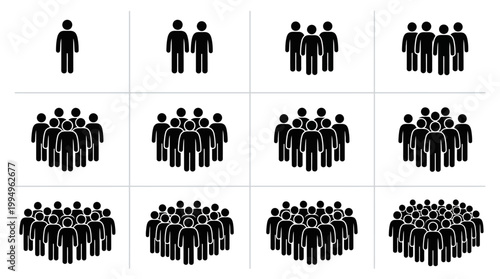 People Group Silhouettes Vector Collection Featuring Progressive Icons from Single Person to Large Crowd on White Background for Population, Community, Teamwork, and Participation Projects