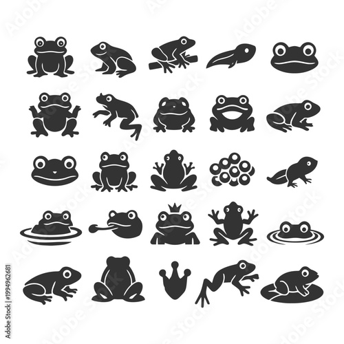 Set of frog and tadpole silhouettes in various poses.
