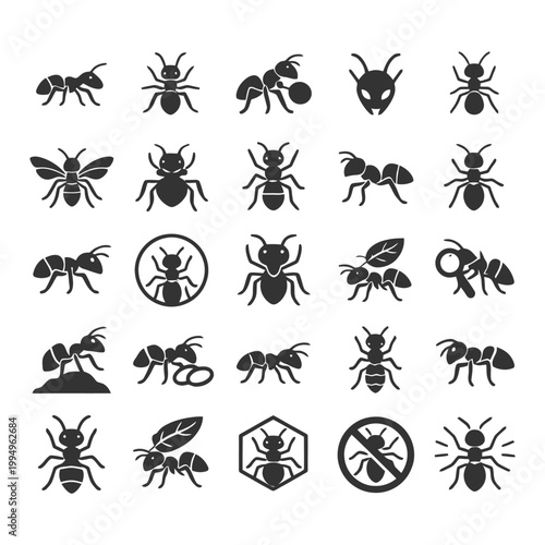 Collection of various ant silhouettes and icons in black.