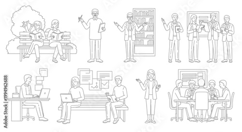 A collection of business people working and communicating in an office environment.