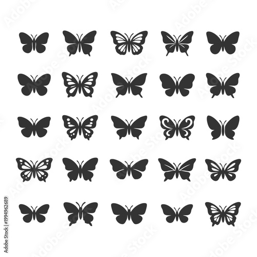 Collection of diverse butterfly silhouette icon set on white background.