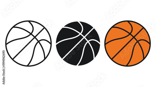 Basketball Icons Vector Collection Featuring Three Stylized Designs in Outline, Solid Black, and Classic Orange Artwork on White Background for Sports, Training, and Graphic Design Projects