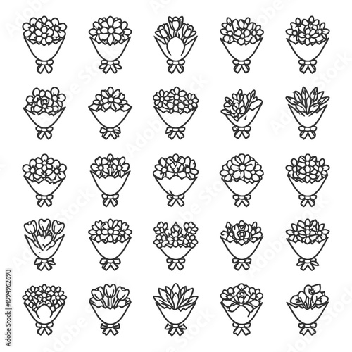 Collection of stylized flower bouquets in black and white line art.