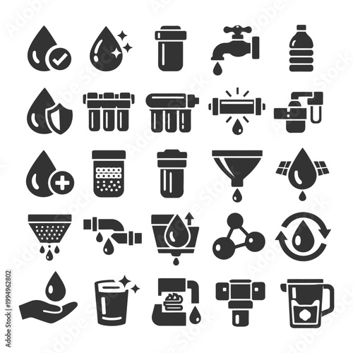 Water filtration icons set: purification, faucet, drop, filter, bottle.