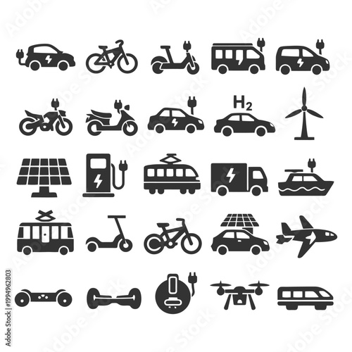 Eco-friendly transportation icons: electric vehicles, bikes, scooters, and renewable energy symbols.