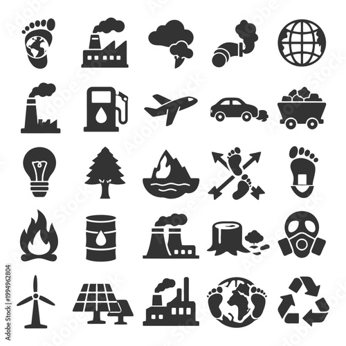 Environmental icons: factories, pollution, energy solutions, recycling, and sustainability symbols.