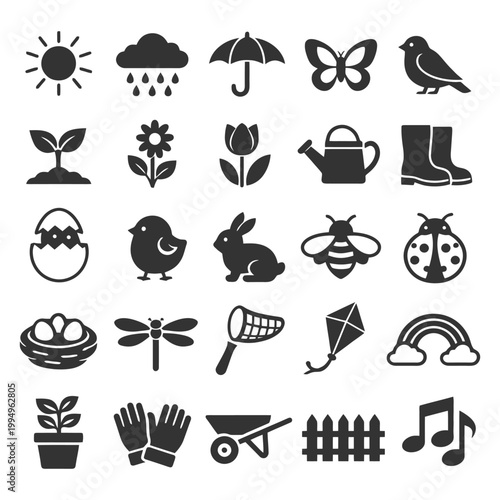 Spring symbols: sun, rain, flowers, animals, and gardening icons in black silhouette.