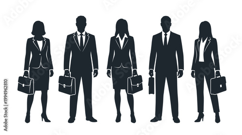 Business Professional Silhouettes Vector Collection on White Background Featuring Corporate Team Figures in Suits, Ties, Skirts, Pants, Holding Briefcases, Symbolizing Unity and Professionalism