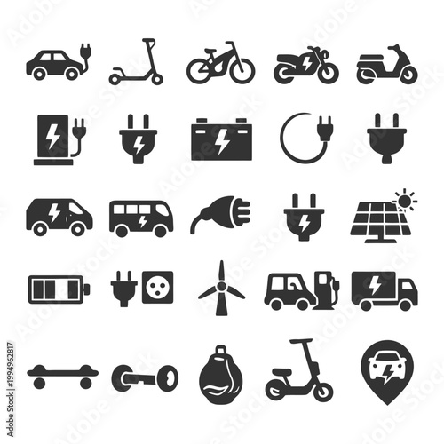 Electric vehicles and charging infrastructure icons set.