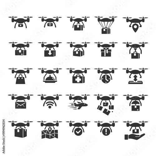 Set of drone icons featuring delivery, navigation, and technology symbols.