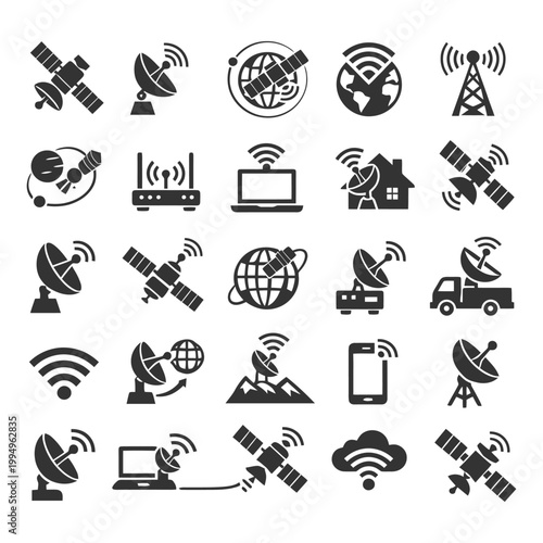 Satellite and communication icons set with network symbols and devices.
